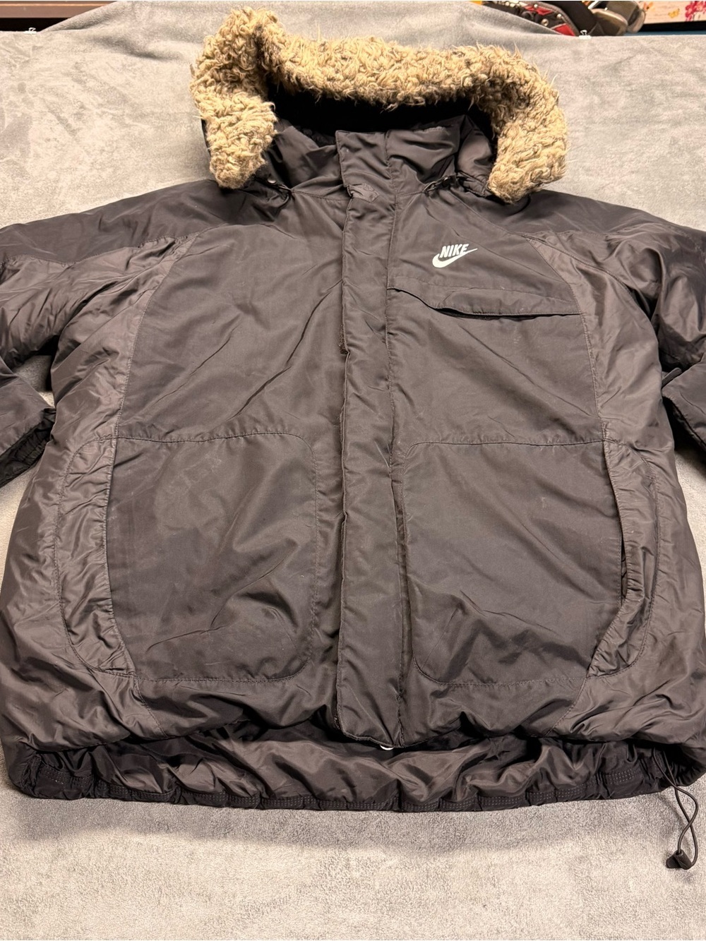 Nike Black Jacket with Tan Faux Fur Hood Trim - removable hood & fur - Picture 1 of 13